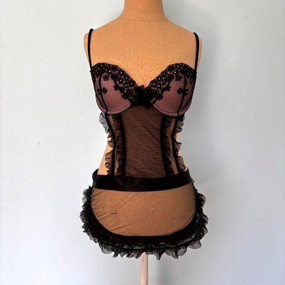 Victorias Secret Apron Lingerie 34C Black Sheer Mesh Lace Bustier French Maid - Picture 1 of 9